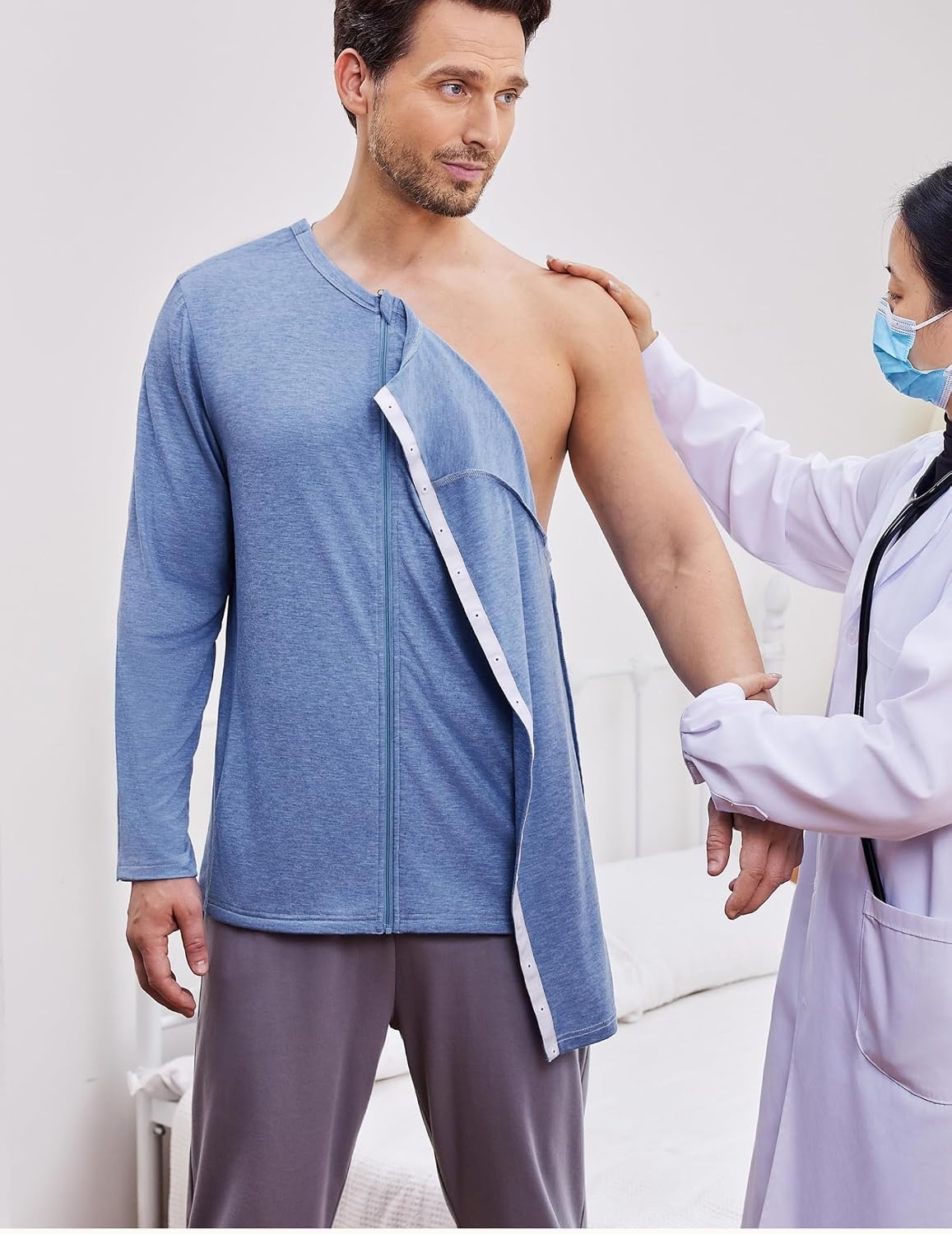 image:imageDeyeek Mens Front Zip Post Shoulder Surgery Adaptive ShirtBlue