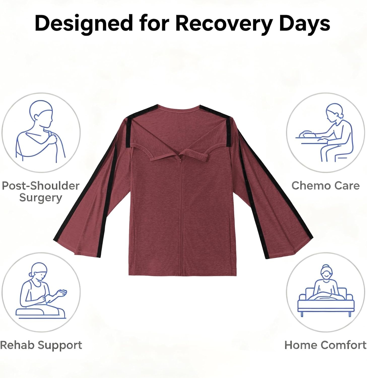 image:imageDeyeek Mens Front Zip Post Shoulder Surgery Adaptive ShirtBurgundy