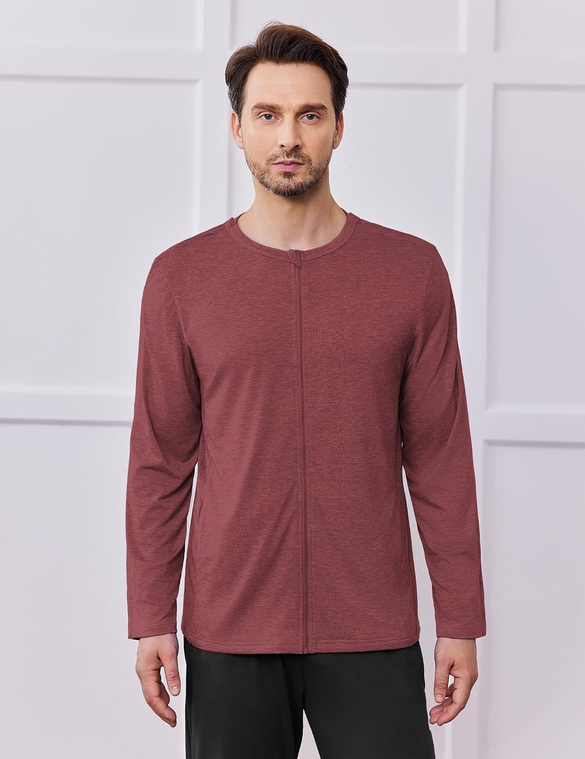 image:imageDeyeek Mens Front Zip Post Shoulder Surgery Adaptive ShirtBurgundy
