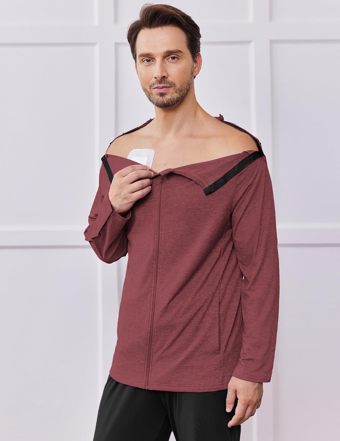 image:imageDeyeek Mens Front Zip Post Shoulder Surgery Adaptive ShirtBurgundy
