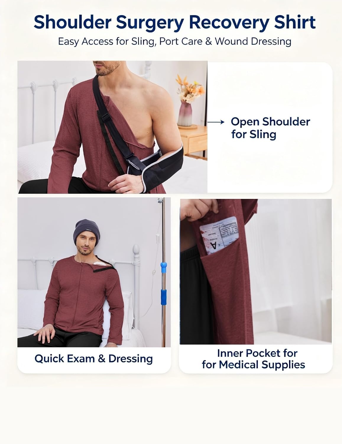 image:imageDeyeek Mens Front Zip Post Shoulder Surgery Adaptive ShirtBurgundy