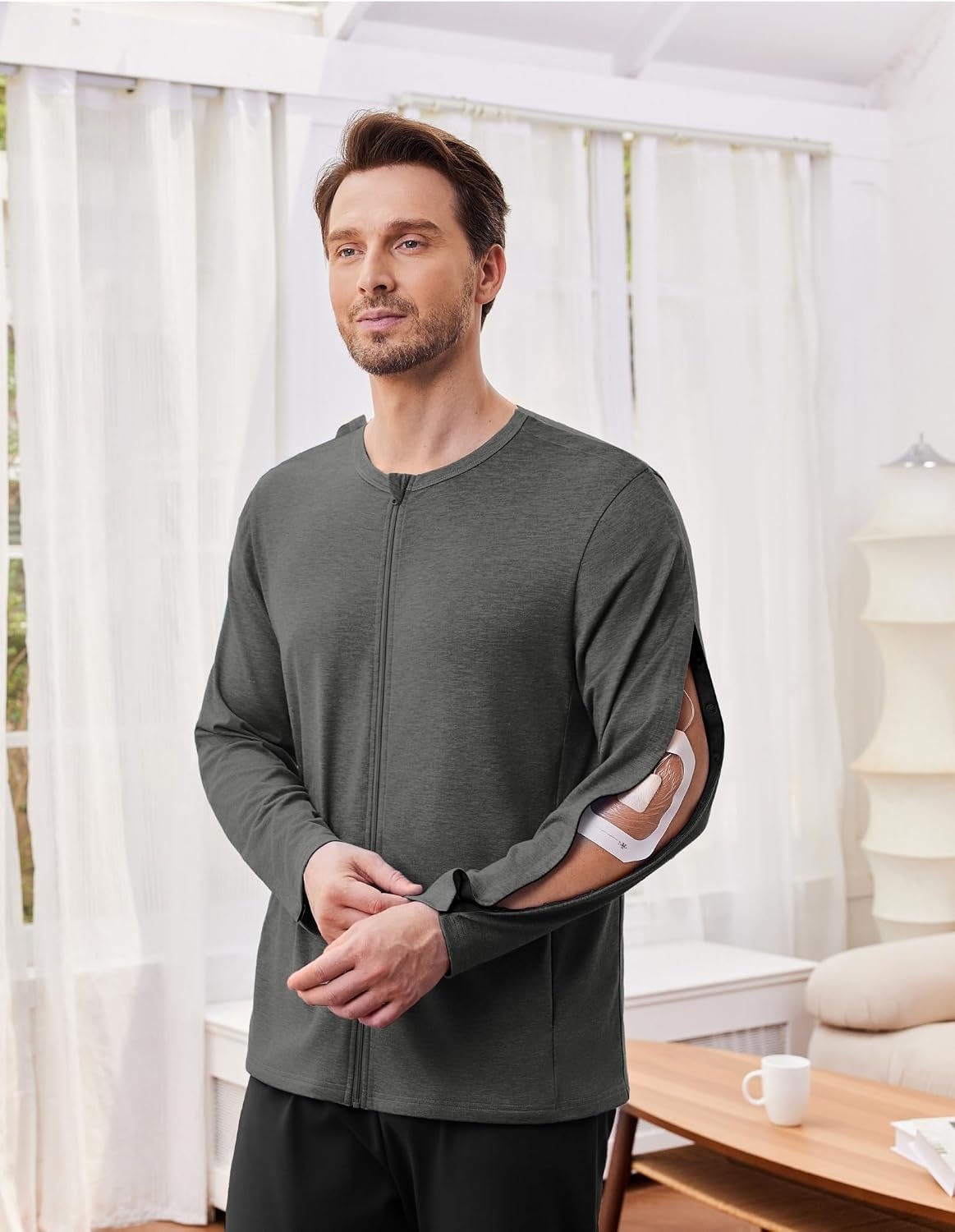 image:imageDeyeek Mens Front Zip Post Shoulder Surgery Adaptive ShirtCharcoal