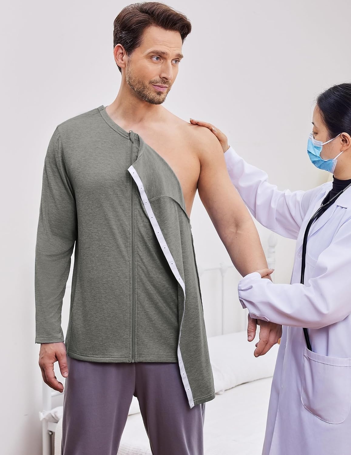 image:imageDeyeek Mens Front Zip Post Shoulder Surgery Adaptive ShirtHeather Grey
