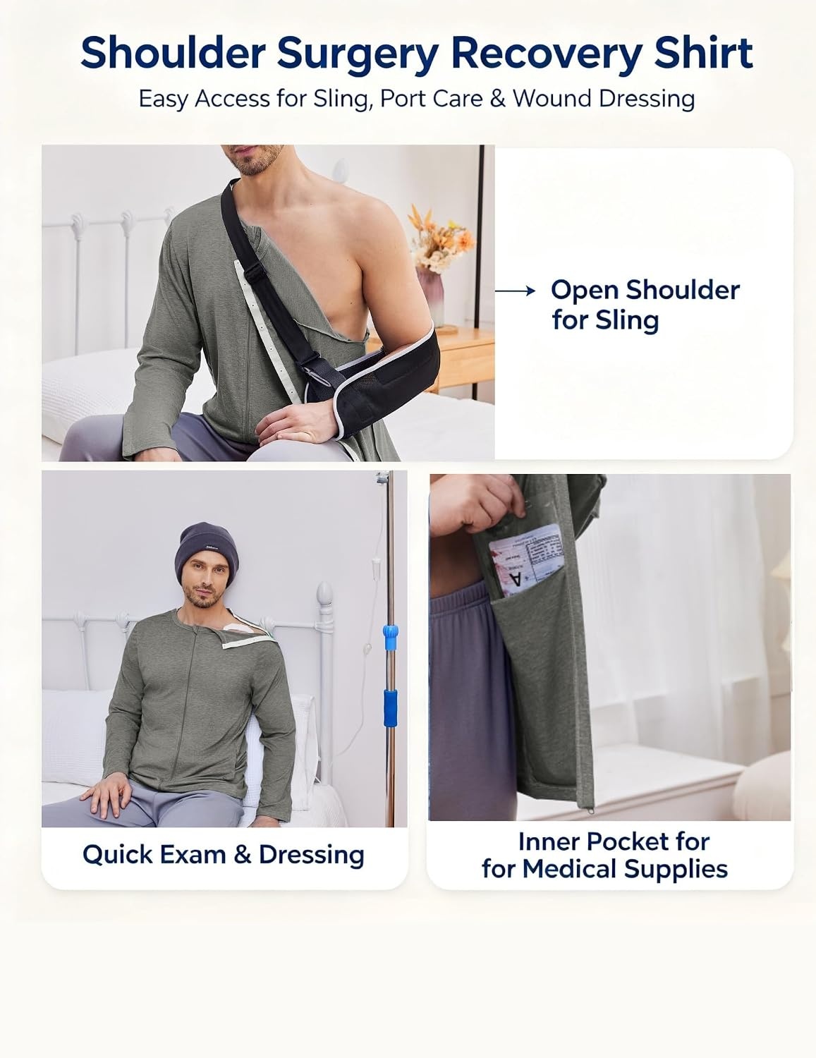 image:imageDeyeek Mens Front Zip Post Shoulder Surgery Adaptive ShirtHeather Grey
