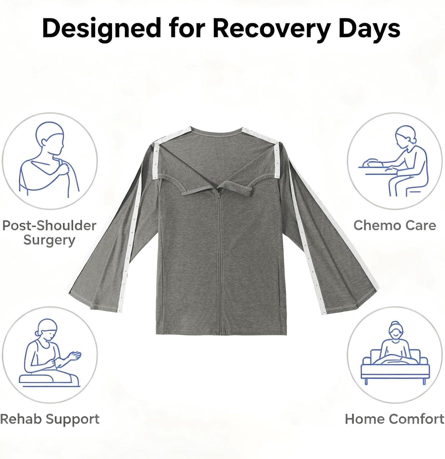 image:imageDeyeek Mens Front Zip Post Shoulder Surgery Adaptive ShirtHeather Grey