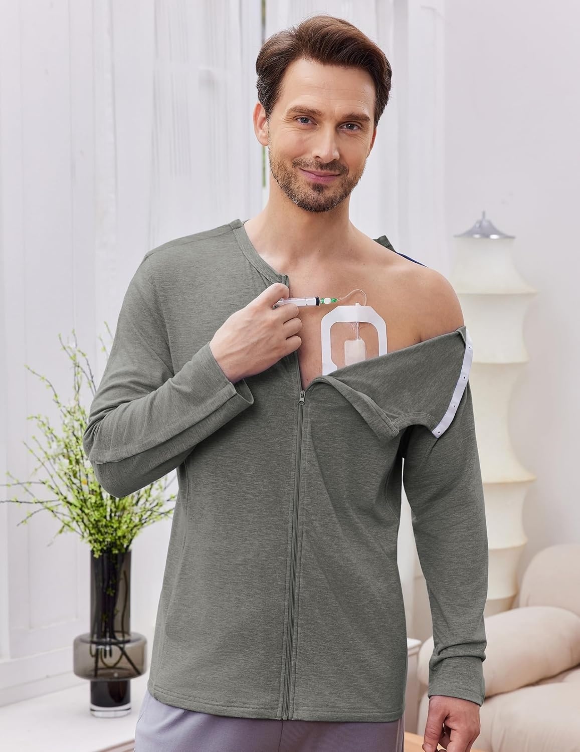 image:imageDeyeek Mens Front Zip Post Shoulder Surgery Adaptive ShirtHeather Grey