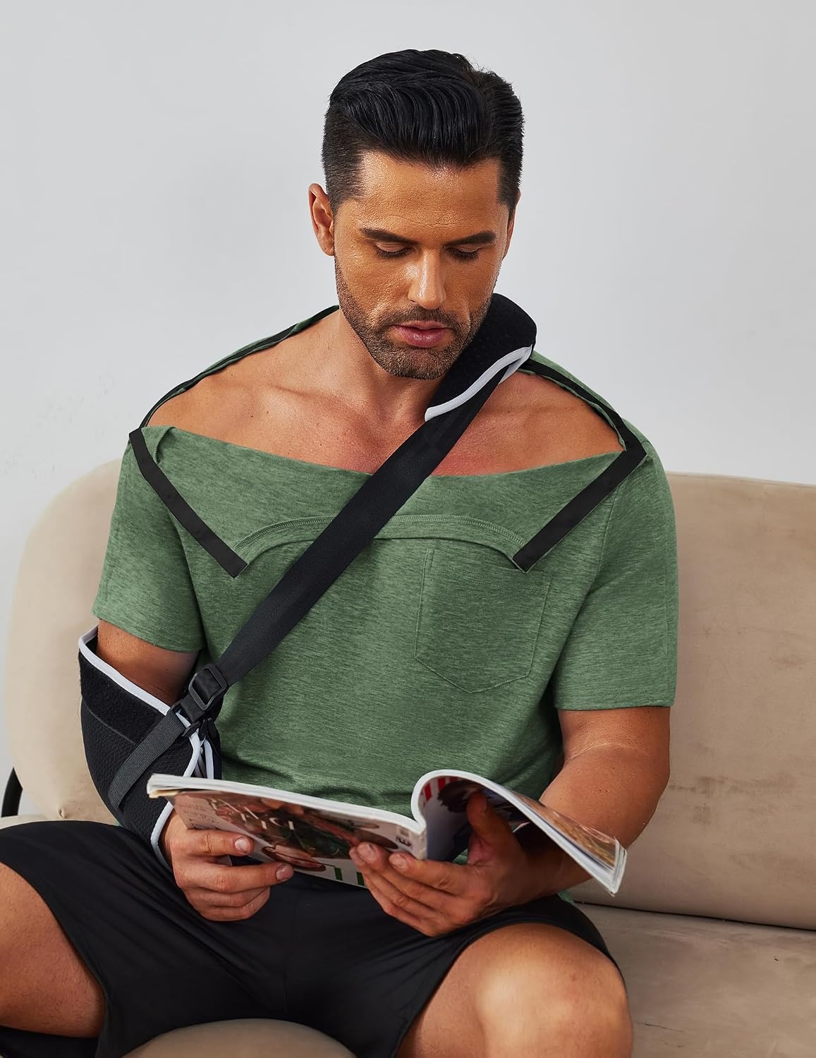 image:imageDeyeek Mens Post Shoulder Surgery Shirts Soft Tear Away Short Sleeve TopsArmy Green