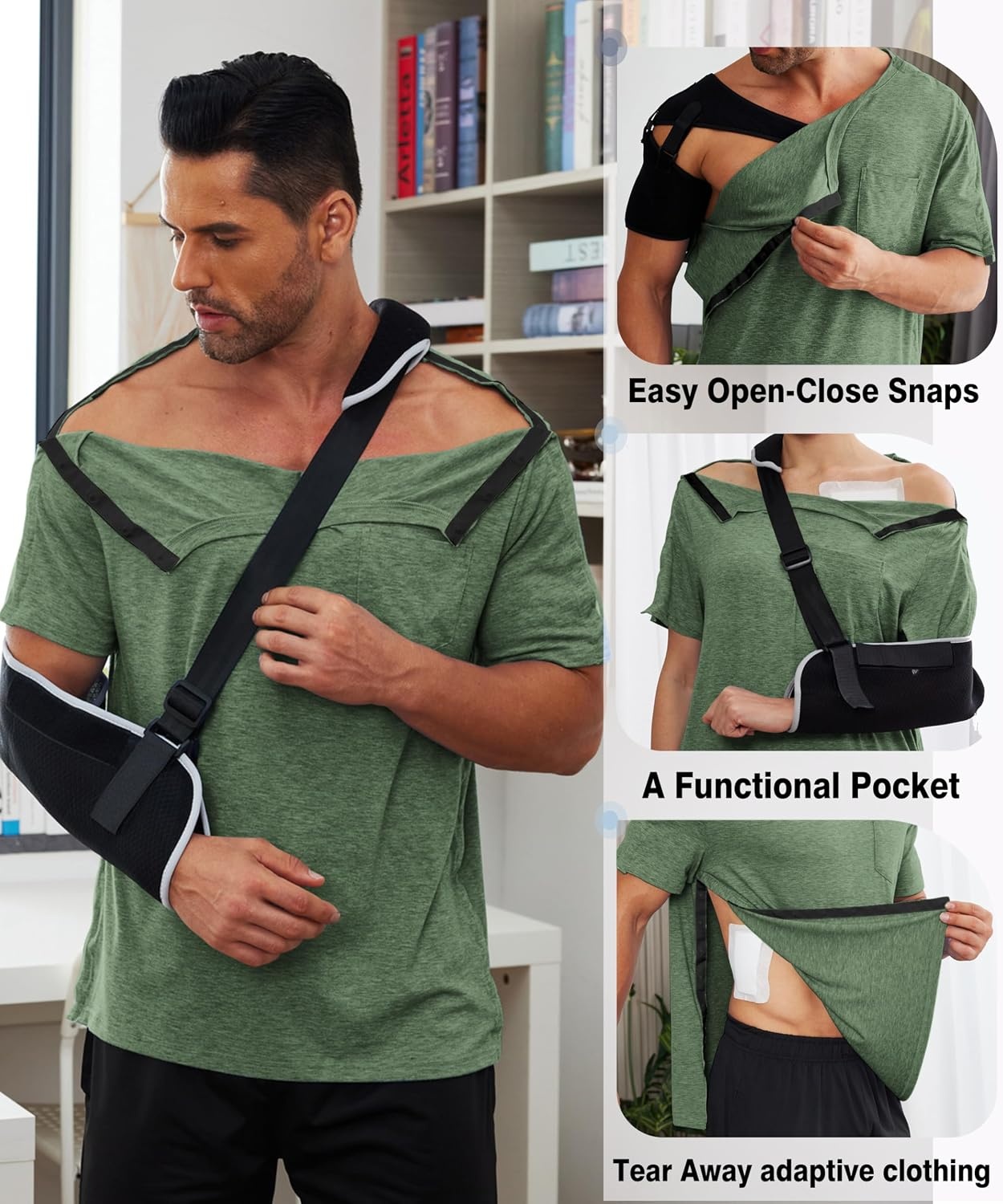 image:imageDeyeek Mens Post Shoulder Surgery Shirts Soft Tear Away Short Sleeve TopsArmy Green