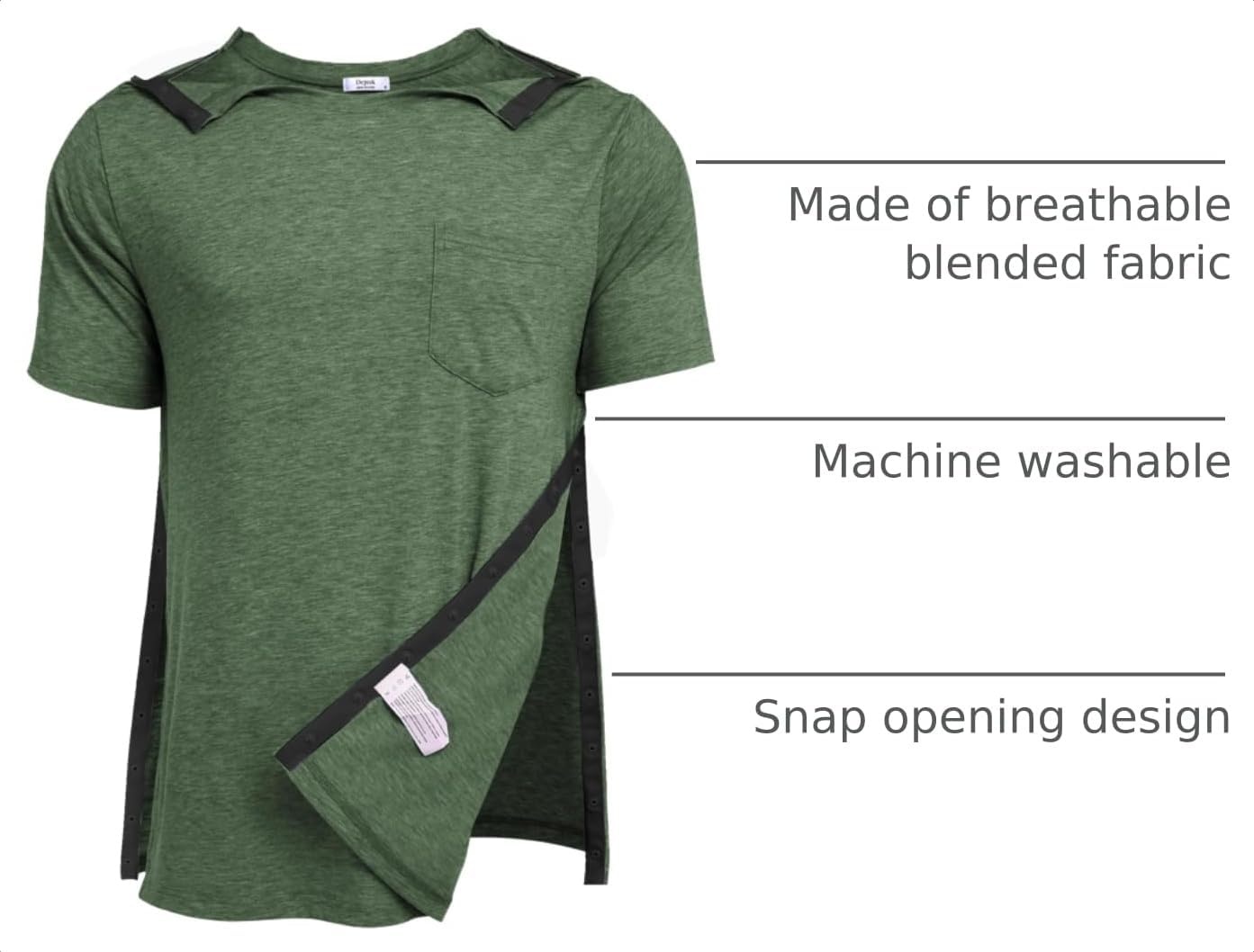 image:imageDeyeek Mens Post Shoulder Surgery Shirts Soft Tear Away Short Sleeve TopsArmy Green