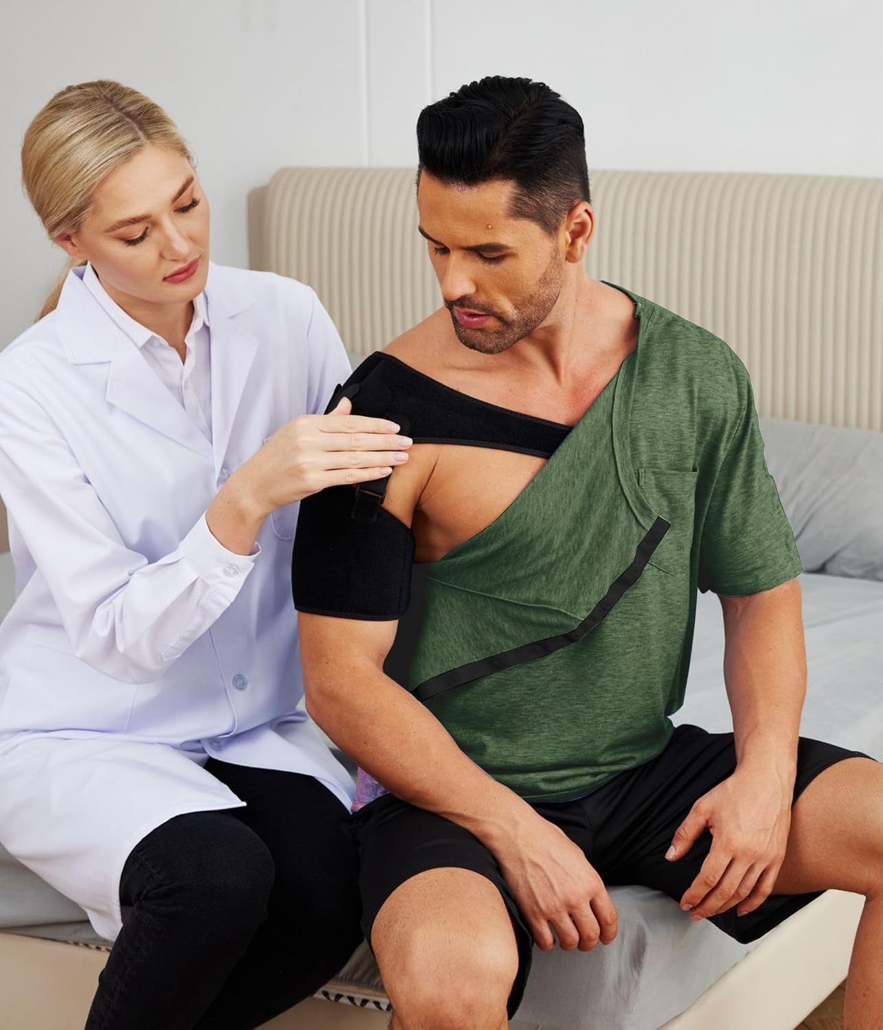 image:imageDeyeek Mens Post Shoulder Surgery Shirts Soft Tear Away Short Sleeve TopsArmy Green