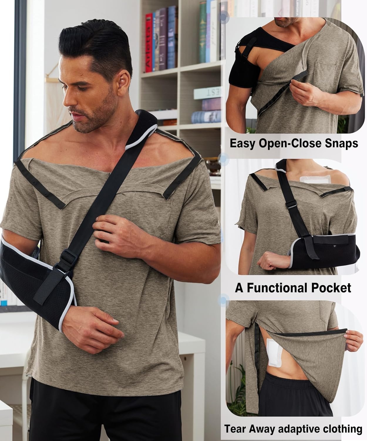 image:imageDeyeek Mens Post Shoulder Surgery Shirts Soft Tear Away Short Sleeve TopsBrown