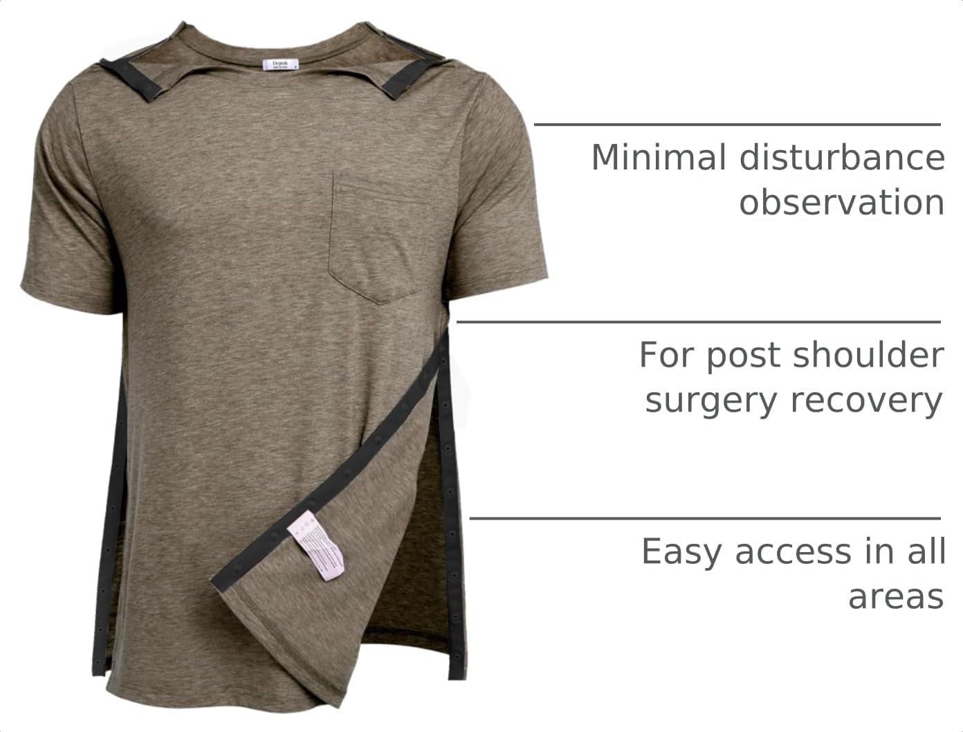 image:imageDeyeek Mens Post Shoulder Surgery Shirts Soft Tear Away Short Sleeve TopsBrown