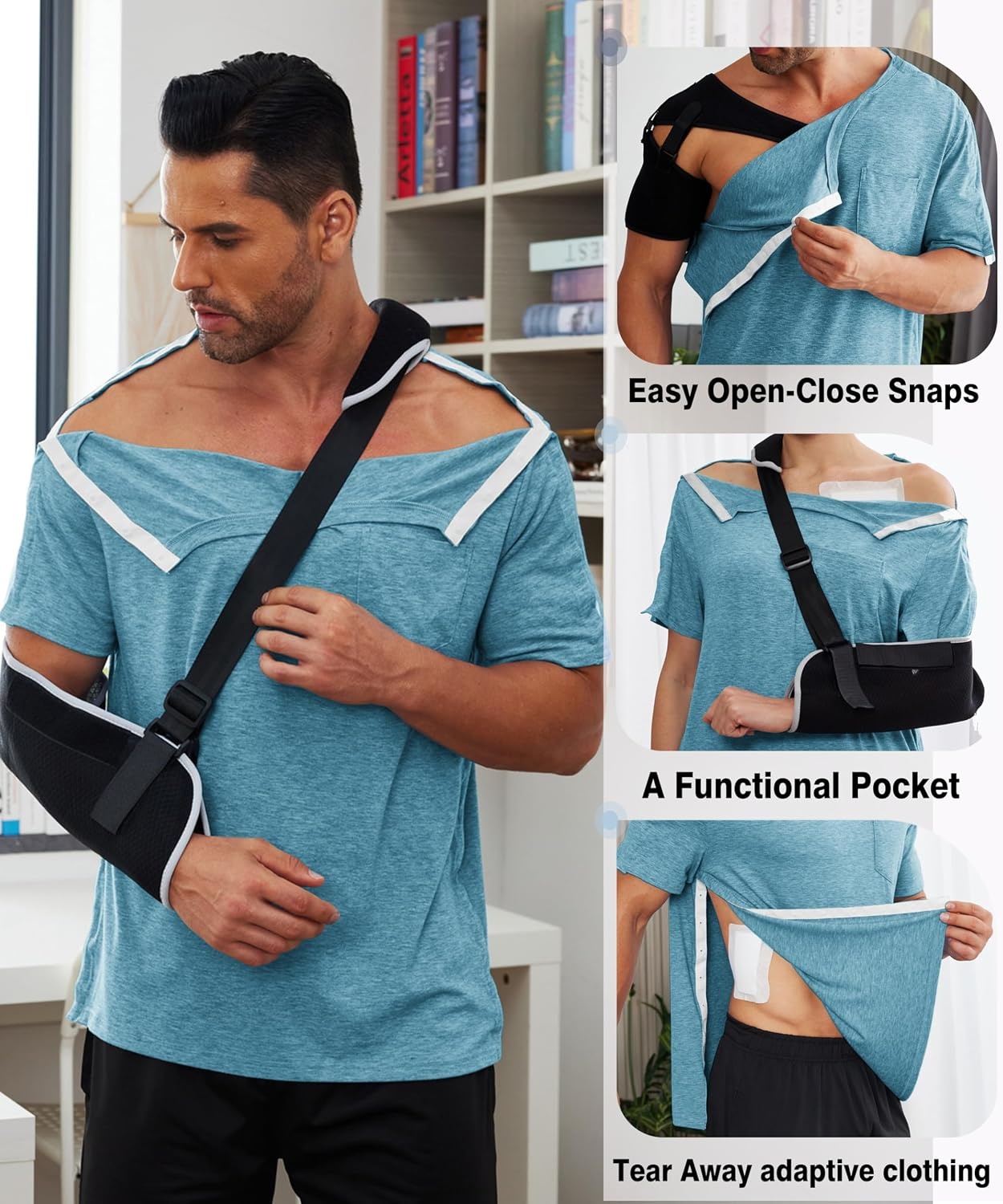 image:imageDeyeek Mens Post Shoulder Surgery Shirts Soft Tear Away Short Sleeve TopsDark Peacock Blue