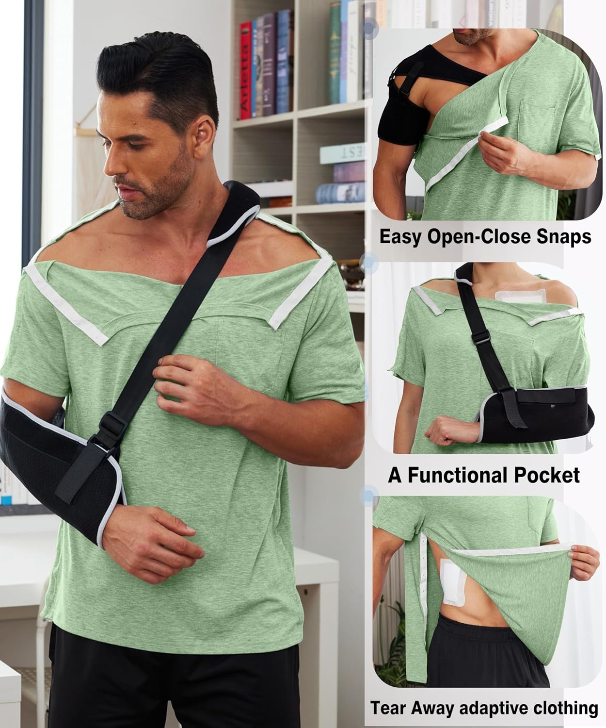 image:imageDeyeek Mens Post Shoulder Surgery Shirts Soft Tear Away Short Sleeve TopsIce Green