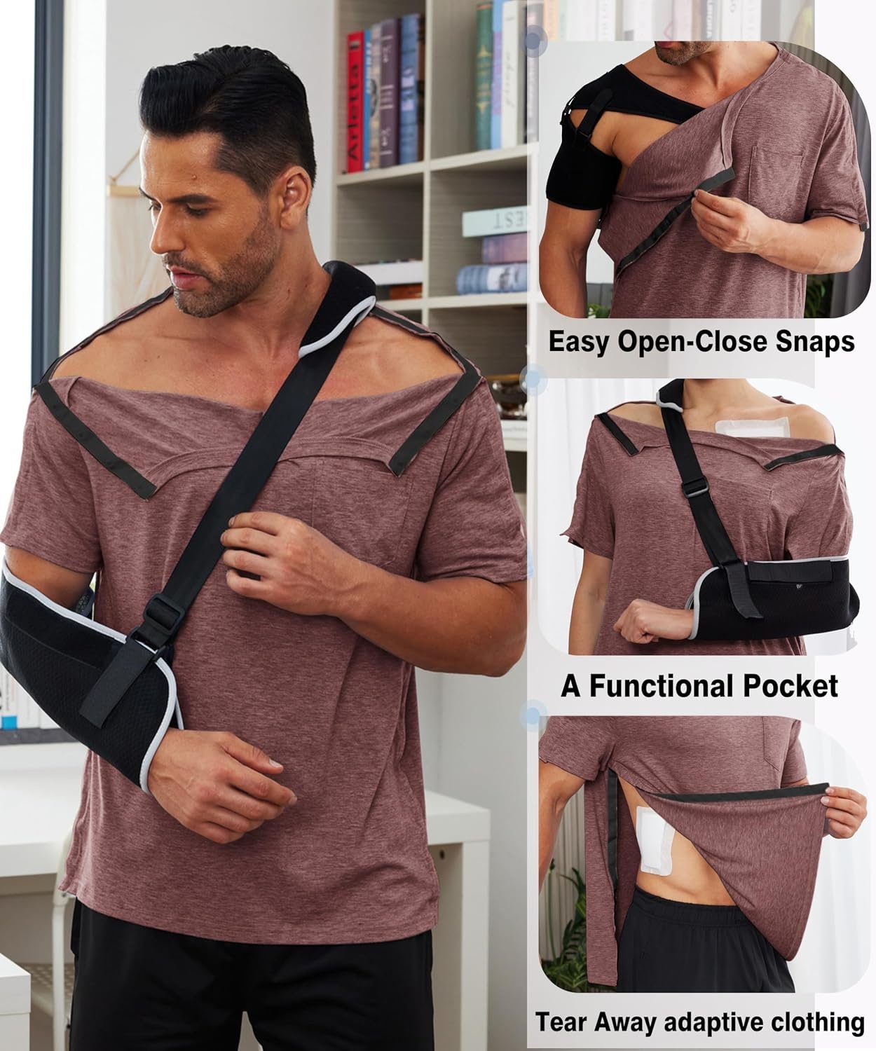 image:imageDeyeek Mens Post Shoulder Surgery Shirts Soft Tear Away Short Sleeve TopsJujube Red