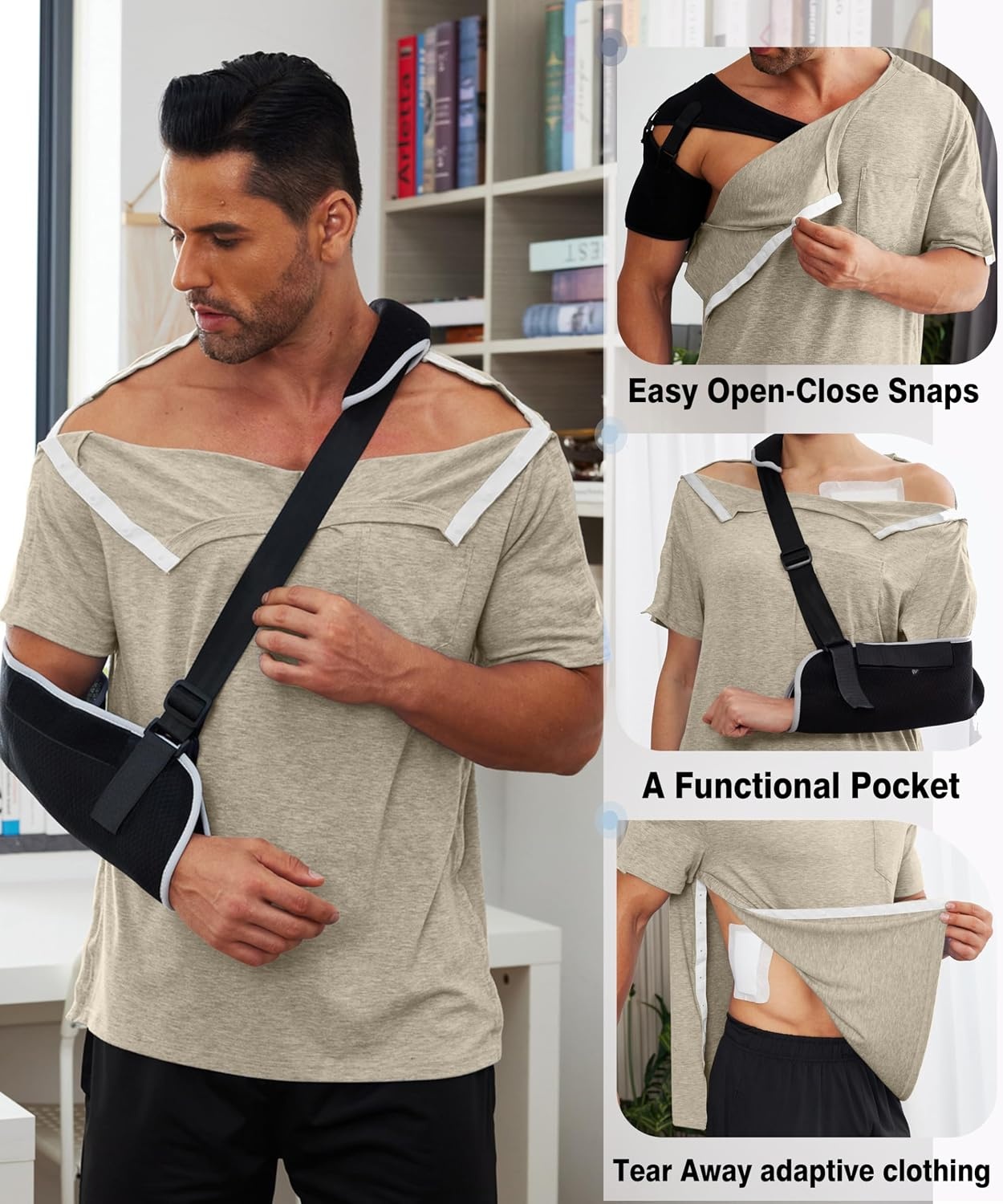 image:imageDeyeek Mens Post Shoulder Surgery Shirts Soft Tear Away Short Sleeve TopsKhaki