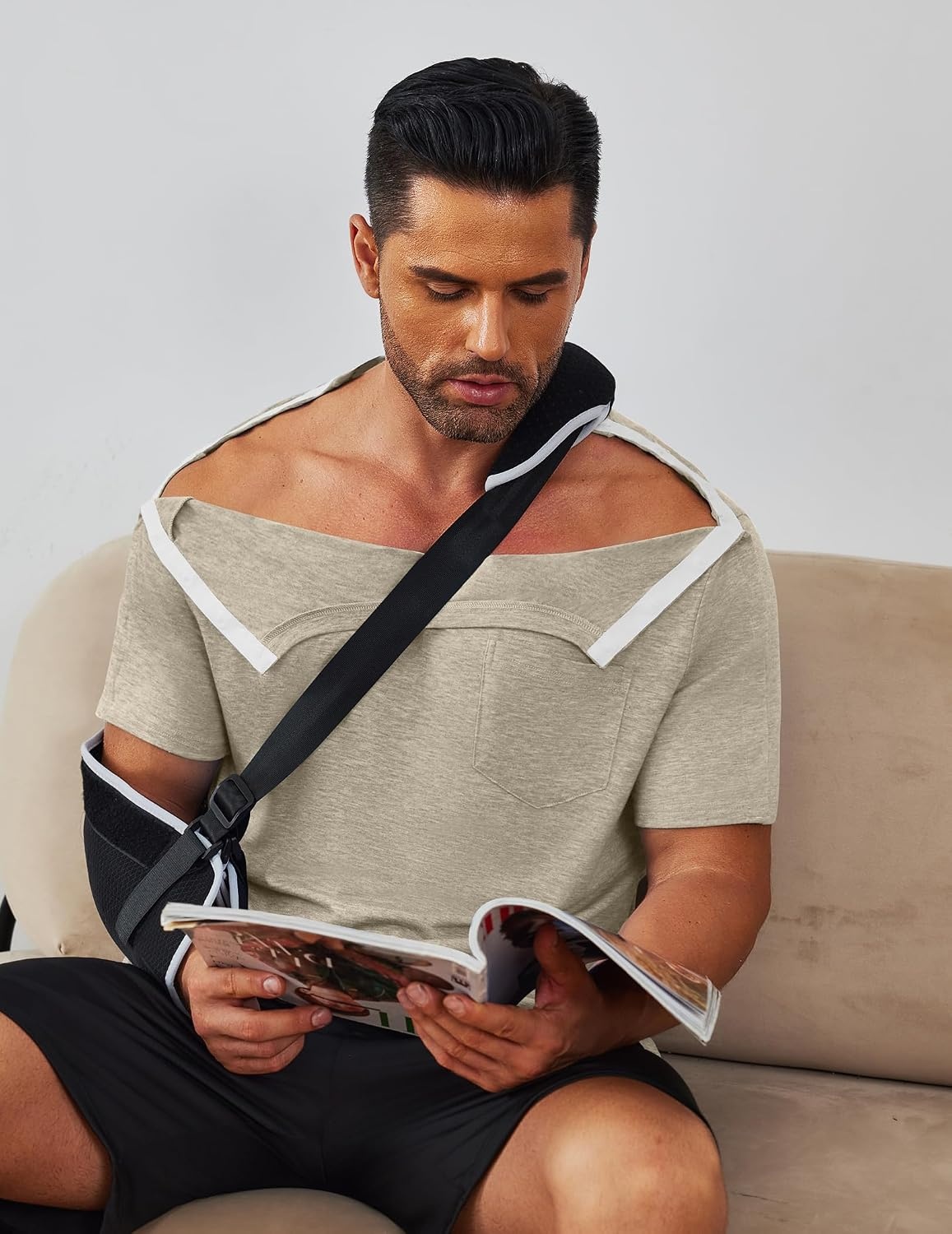 image:imageDeyeek Mens Post Shoulder Surgery Shirts Soft Tear Away Short Sleeve TopsKhaki