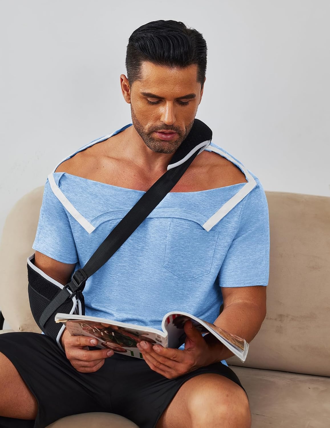 image:imageDeyeek Mens Post Shoulder Surgery Shirts Soft Tear Away Short Sleeve TopsLight Blue