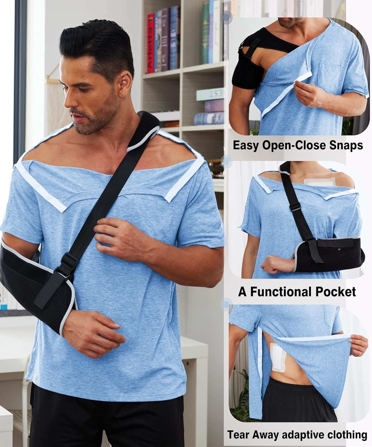 image:imageDeyeek Mens Post Shoulder Surgery Shirts Soft Tear Away Short Sleeve TopsLight Blue