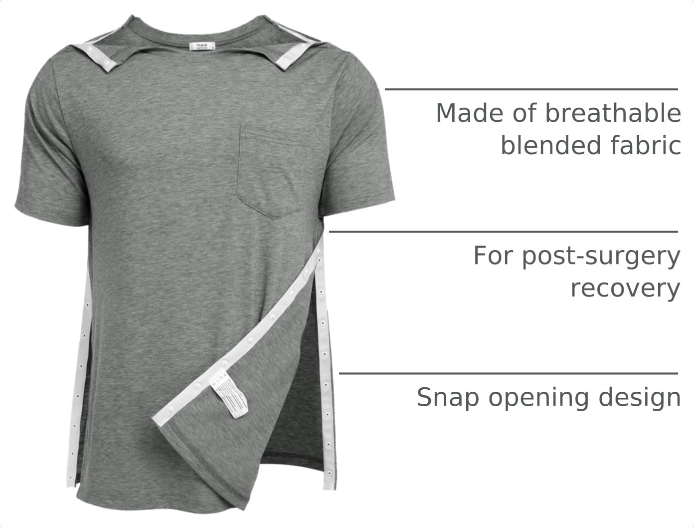 image:imageDeyeek Mens Post Shoulder Surgery Shirts Soft Tear Away Short Sleeve TopsLight Grey