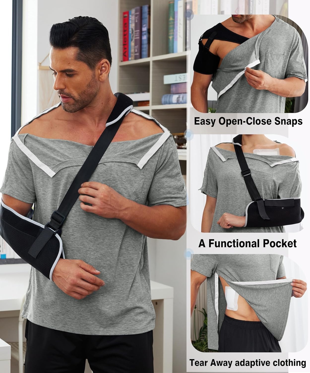 image:imageDeyeek Mens Post Shoulder Surgery Shirts Soft Tear Away Short Sleeve TopsLight Grey