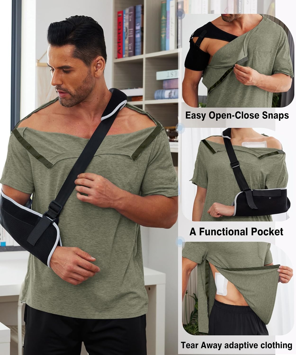 image:imageDeyeek Mens Post Shoulder Surgery Shirts Soft Tear Away Short Sleeve TopsOlive Green