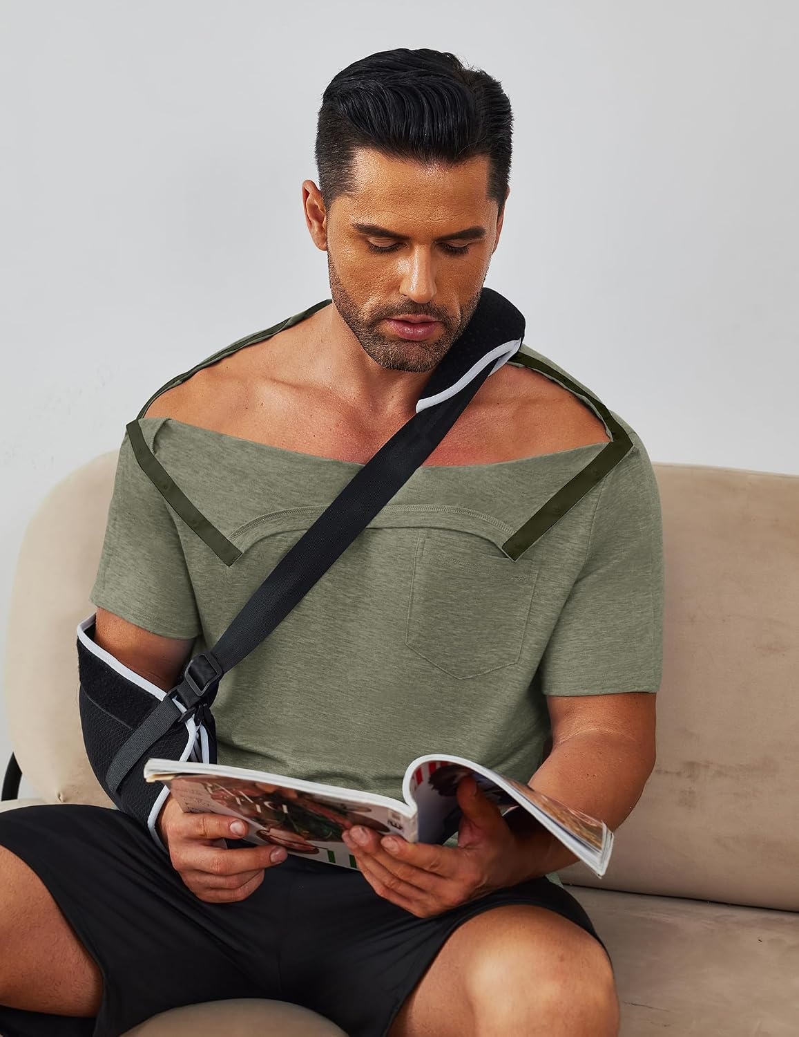 image:imageDeyeek Mens Post Shoulder Surgery Shirts Soft Tear Away Short Sleeve TopsOlive Green