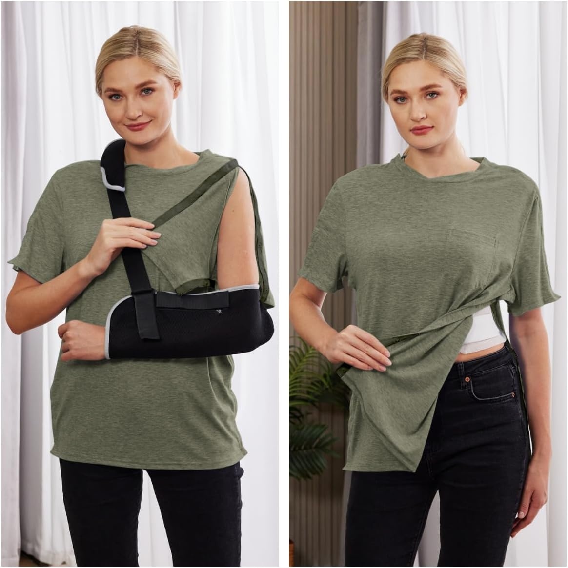 image:imageDeyeek Mens Post Shoulder Surgery Shirts Soft Tear Away Short Sleeve TopsOlive Green