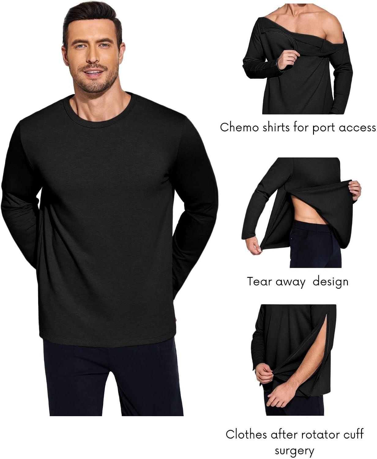 image:imageDeyeek Mens Shoulder Surgery Shirt Full Tear Away Snap Chemo Port TopBlack
