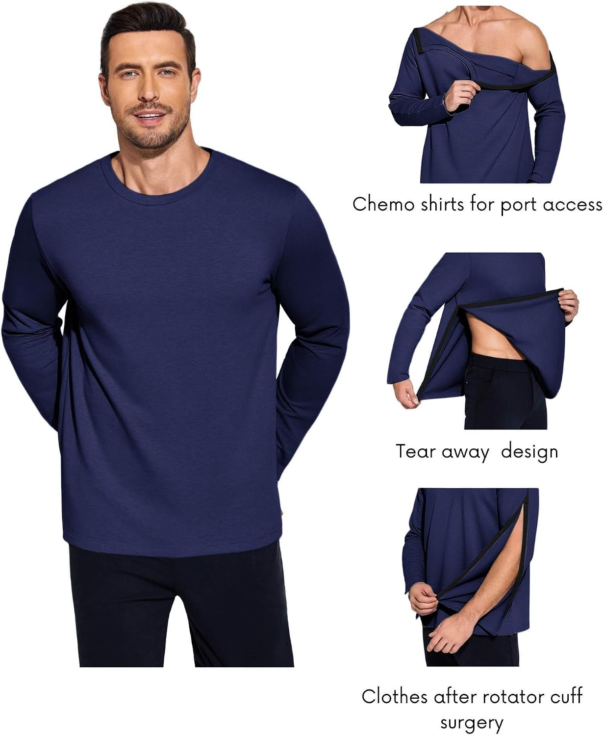 image:imageDeyeek Mens Shoulder Surgery Shirt Full Tear Away Snap Chemo Port TopNavy