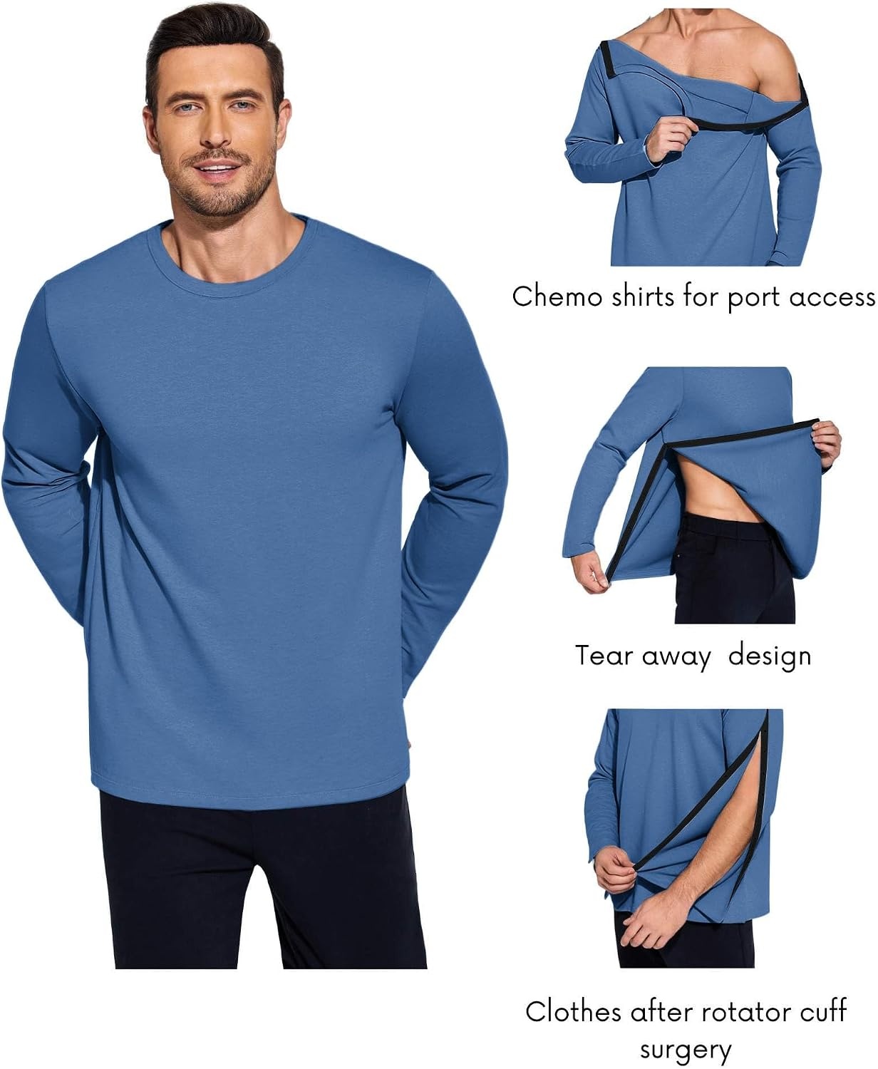 image:imageDeyeek Mens Shoulder Surgery Shirt Full Tear Away Snap Chemo Port TopNavy Blue
