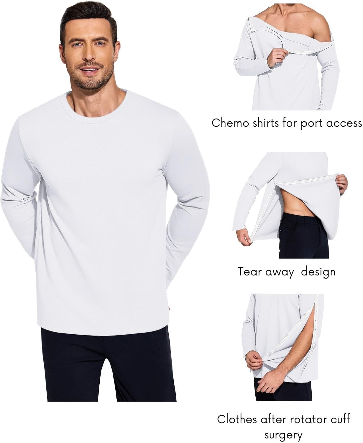 image:imageDeyeek Mens Shoulder Surgery Shirt Full Tear Away Snap Chemo Port TopWhite
