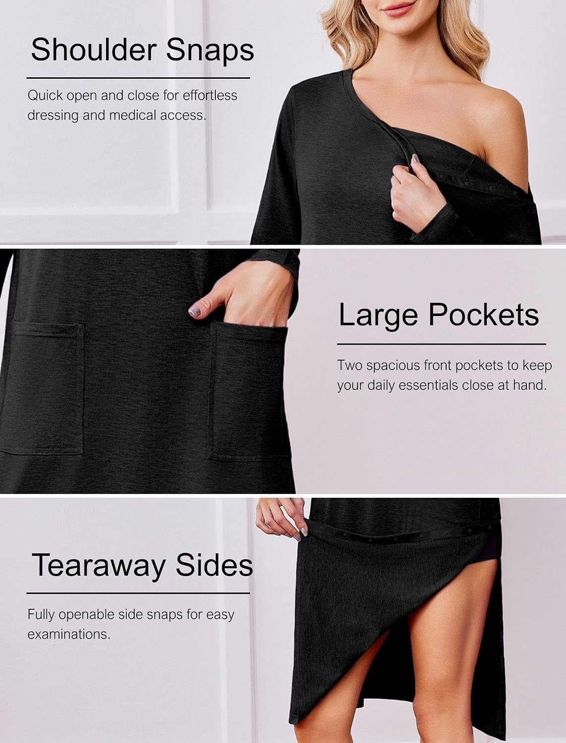image:imageDeyeek Post Shoulder Surgery Gowns for Women Tear Away Recovery DressBlack