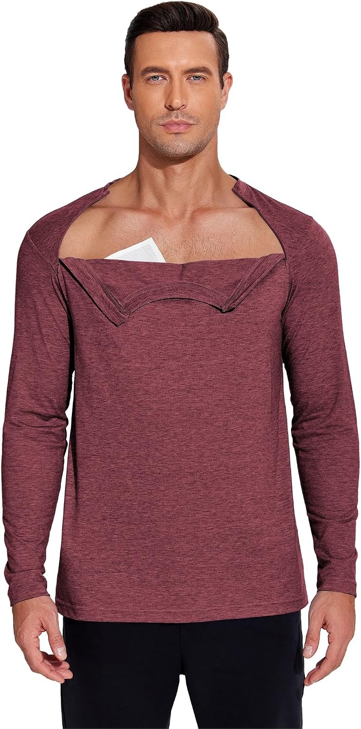 image:imageDeyeek Unisex Chemo Shirts for Port Access Chemotherapy Must Haves Long Sleeve Cancer Care Package for MenBurgundy