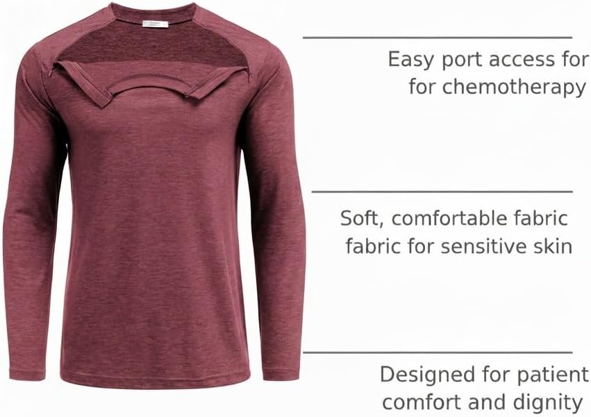 image:imageDeyeek Unisex Chemo Shirts for Port Access Chemotherapy Must Haves Long Sleeve Cancer Care Package for MenBurgundy