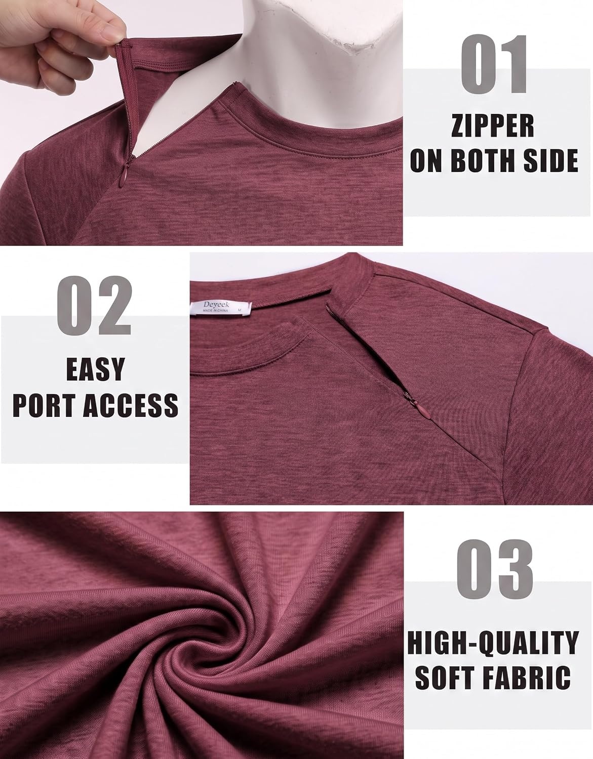 image:imageDeyeek Unisex Chemo Shirts for Port Access Chemotherapy Must Haves Long Sleeve Cancer Care Package for MenBurgundy