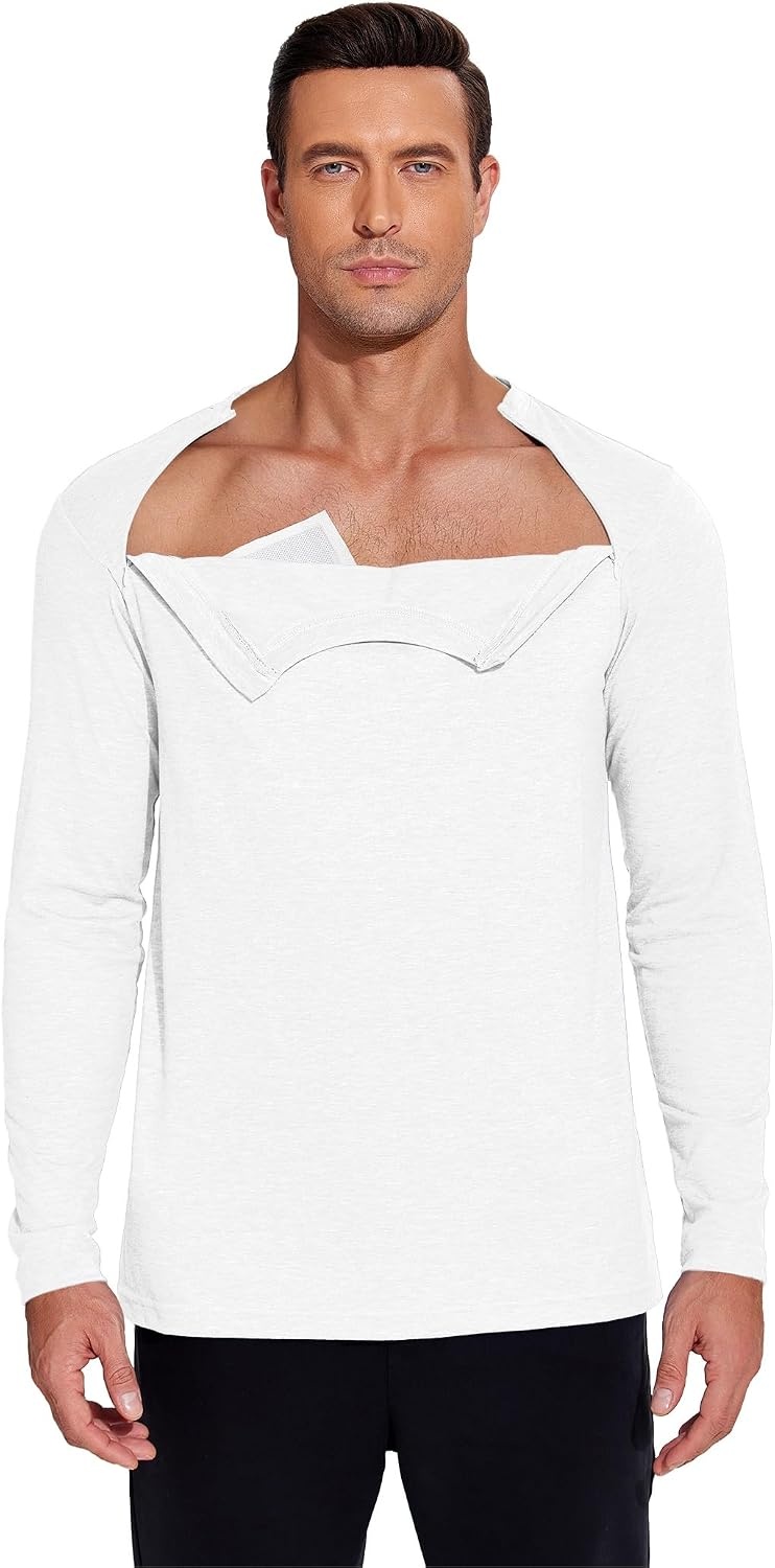 image:imageDeyeek Unisex Chemo Shirts for Port Access Chemotherapy Must Haves Long Sleeve Cancer Care Package for MenWhite