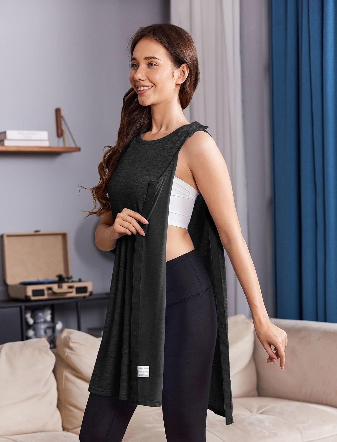 image:imageDeyeek Womens Shoulder Surgery Dress Full Tear Away Sleeveless Chemo GownBlack