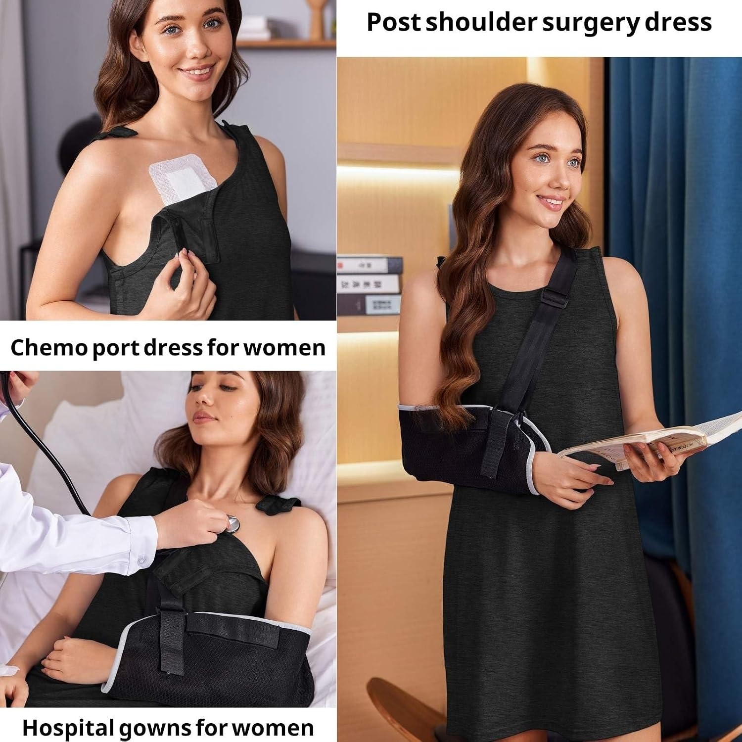 image:imageDeyeek Womens Shoulder Surgery Dress Full Tear Away Sleeveless Chemo GownBlack
