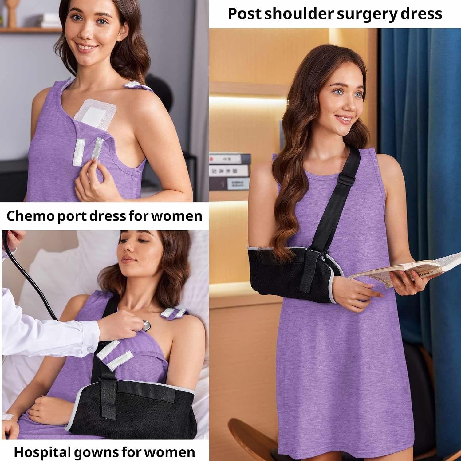 image:imageDeyeek Womens Shoulder Surgery Dress Full Tear Away Sleeveless Chemo GownMauve