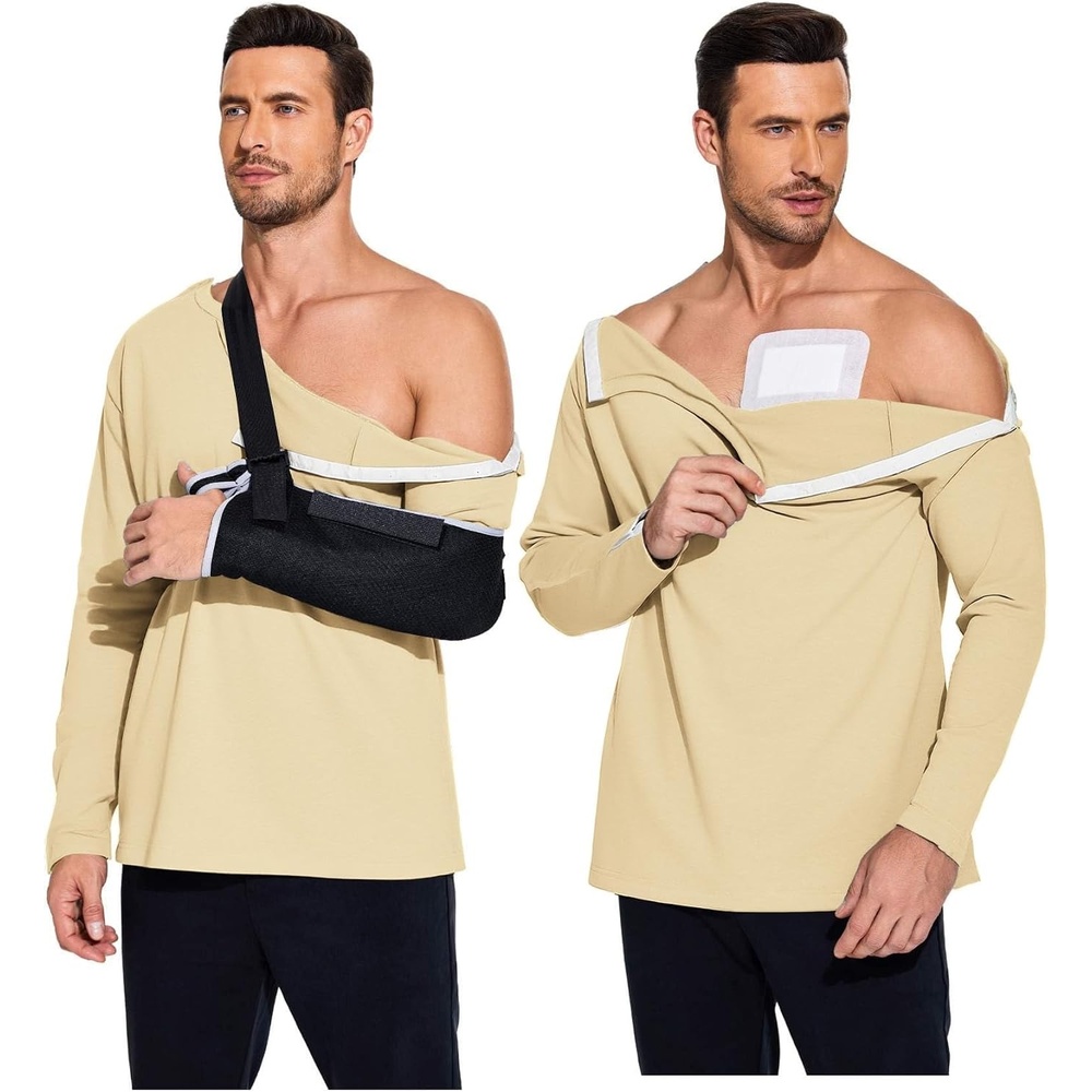 image:imageDeyeek Mens Shoulder Surgery Shirt Full Tear Away Snap Chemo Port TopKhaki
