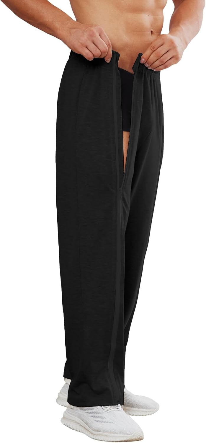 image:imageDeyeek Mens Tear Away Full Zipper Legs Open Bottom Sweatpants Post SurgeryBlack