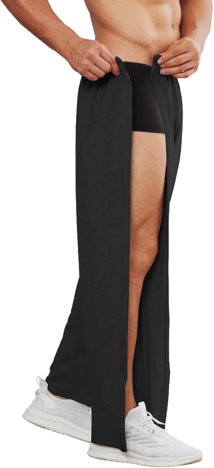 image:imageDeyeek Mens Tear Away Full Zipper Legs Open Bottom Sweatpants Post SurgeryBlack