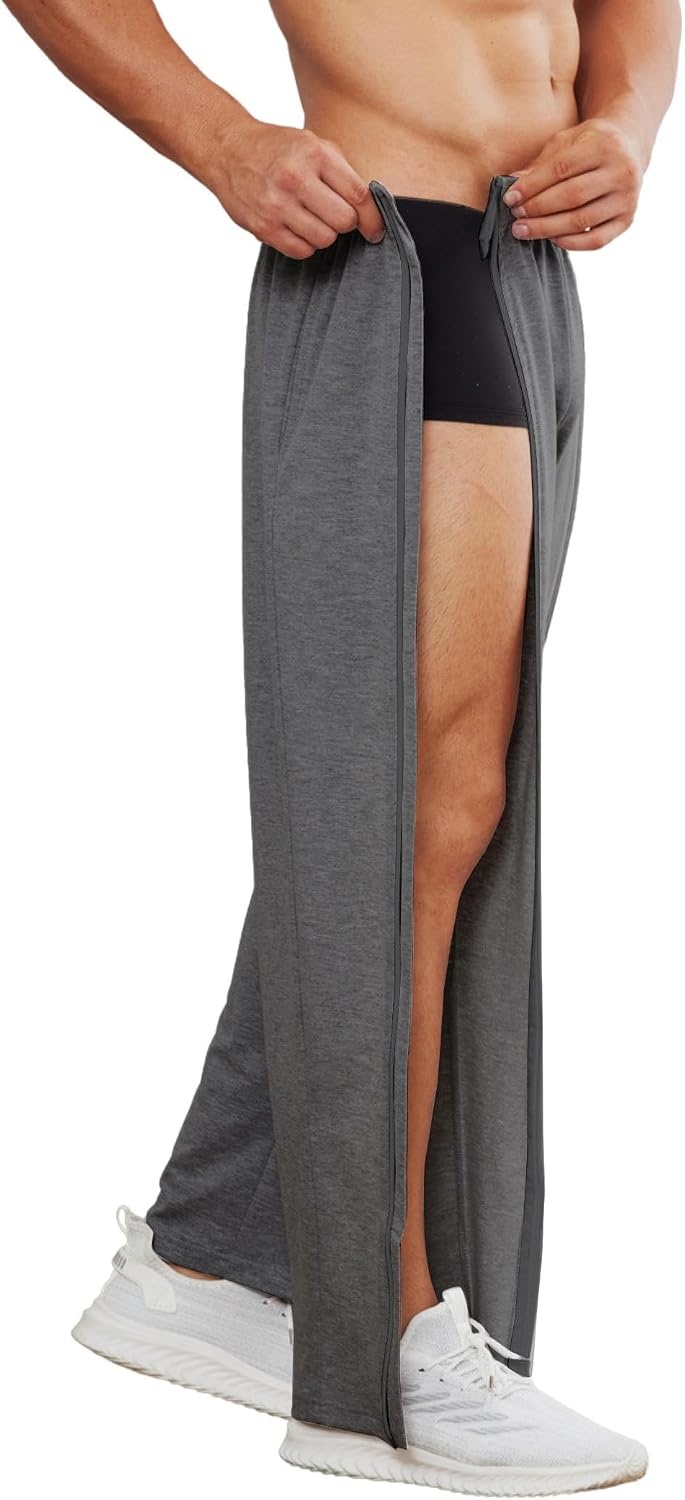 image:imageDeyeek Mens Tear Away Full Zipper Legs Open Bottom Sweatpants Post SurgeryDark Grey 1