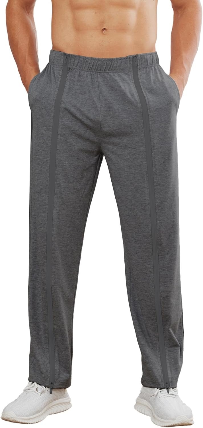 image:imageDeyeek Mens Tear Away Full Zipper Legs Open Bottom Sweatpants Post SurgeryDark Grey 1