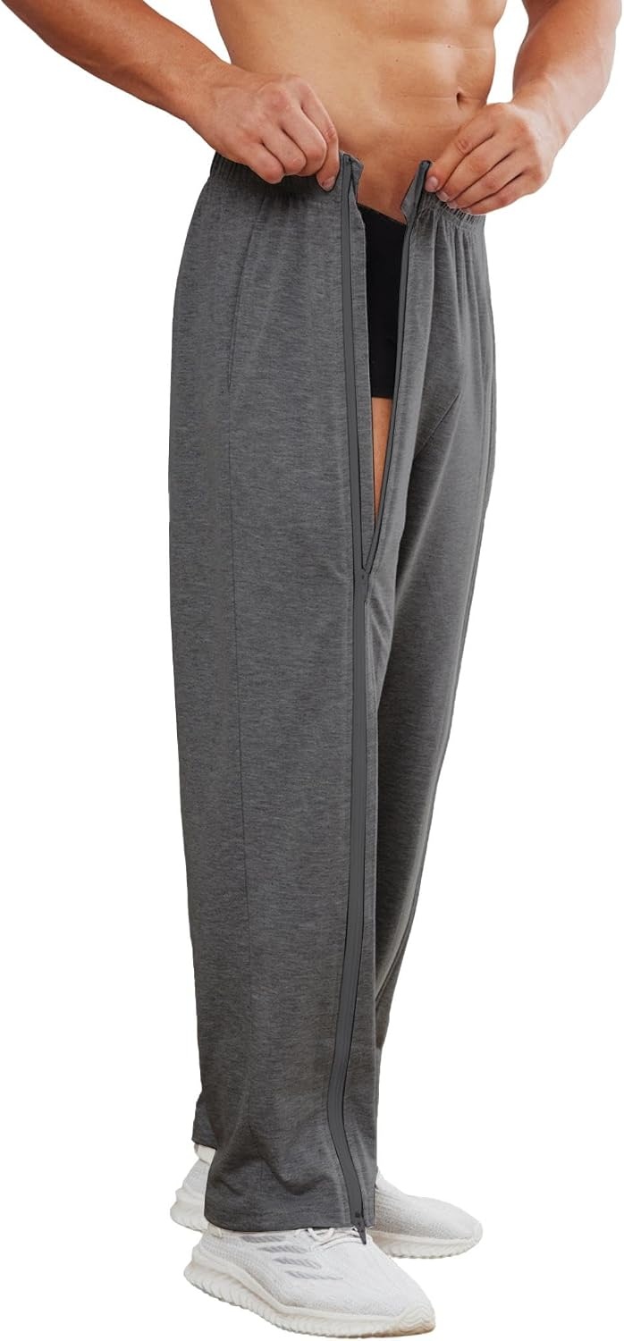 image:imageDeyeek Mens Tear Away Full Zipper Legs Open Bottom Sweatpants Post SurgeryDark Grey 1