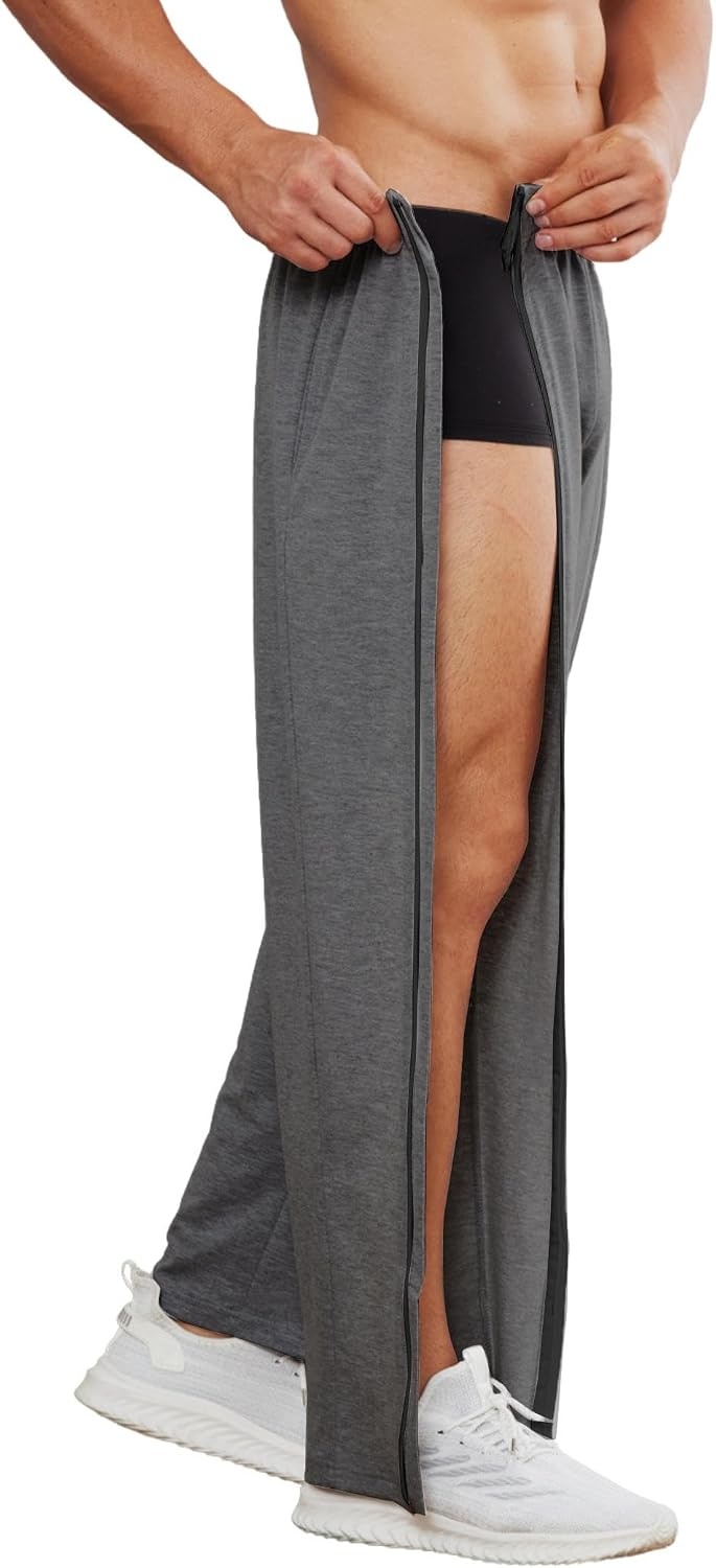 image:imageDeyeek Mens Tear Away Full Zipper Legs Open Bottom Sweatpants Post SurgeryDark Grey