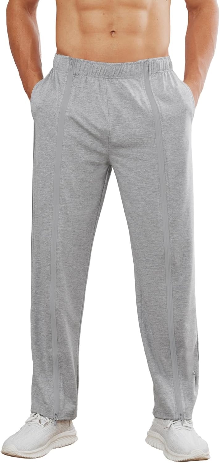 image:imageDeyeek Mens Tear Away Full Zipper Legs Open Bottom Sweatpants Post SurgeryGrey 1