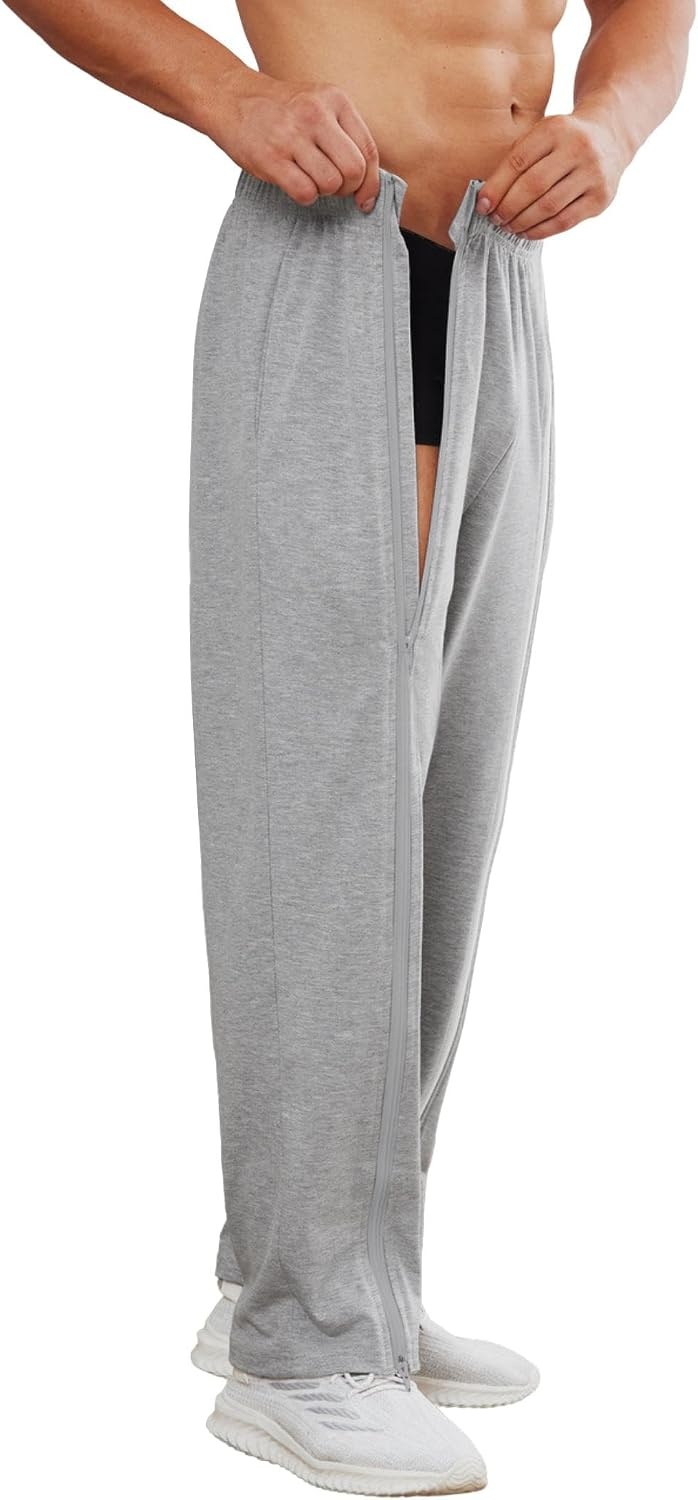 image:imageDeyeek Mens Tear Away Full Zipper Legs Open Bottom Sweatpants Post SurgeryGrey 1