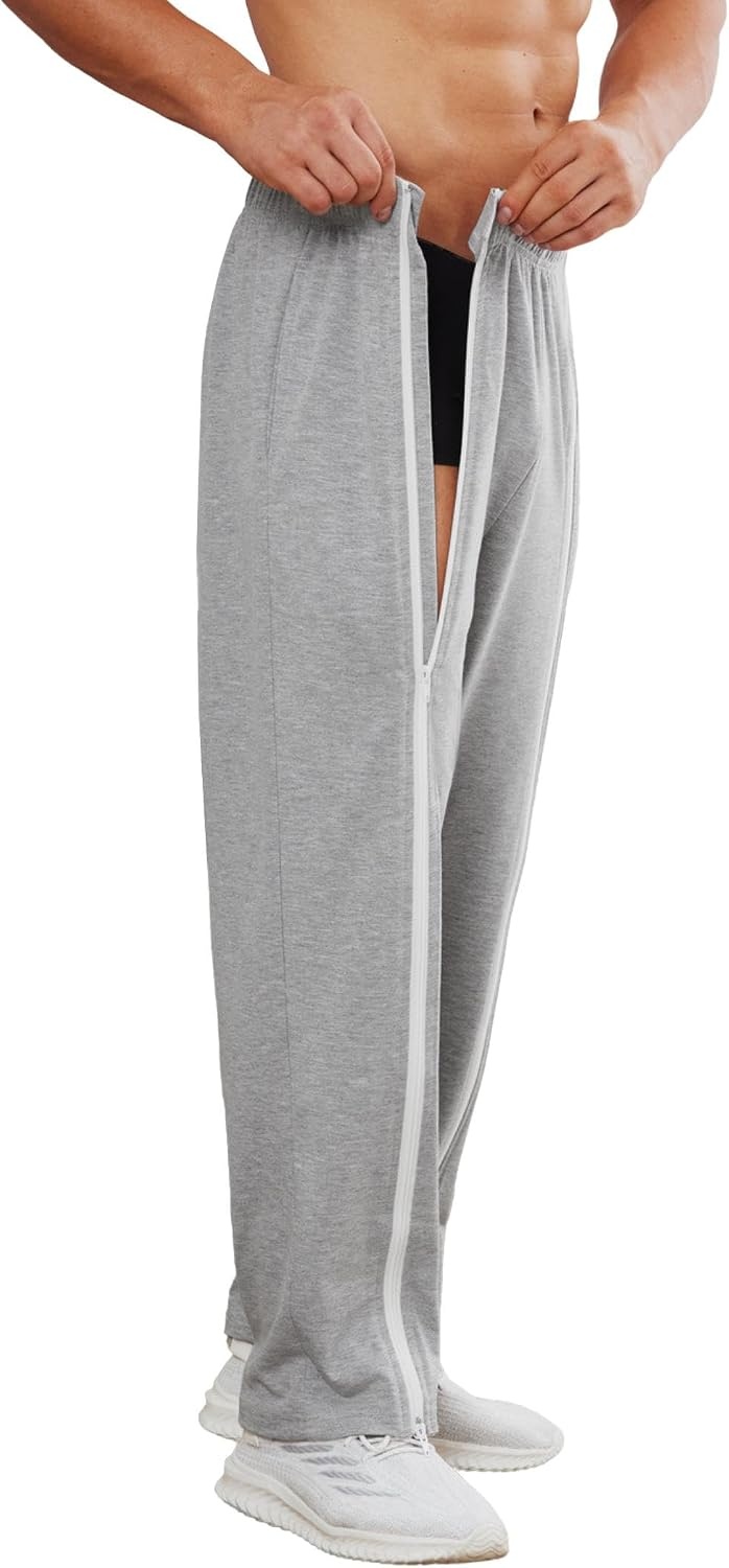 image:imageDeyeek Mens Tear Away Full Zipper Legs Open Bottom Sweatpants Post SurgeryGrey